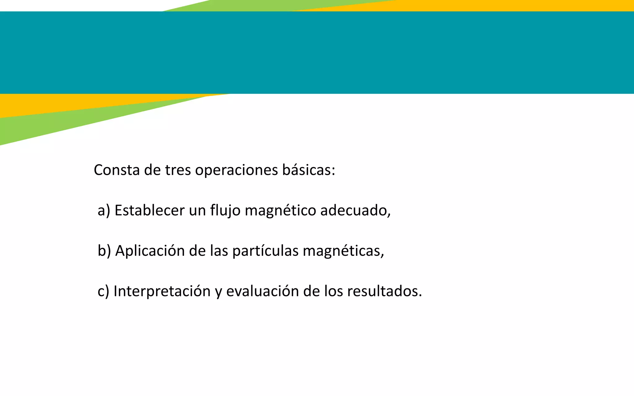 Consta de tres operaciones básicas:
a) Establecer un flujo magnético adecuado,
b) Aplicación de las partículas magnéticas,
c) Interpretación y evaluación de los resultados.
 