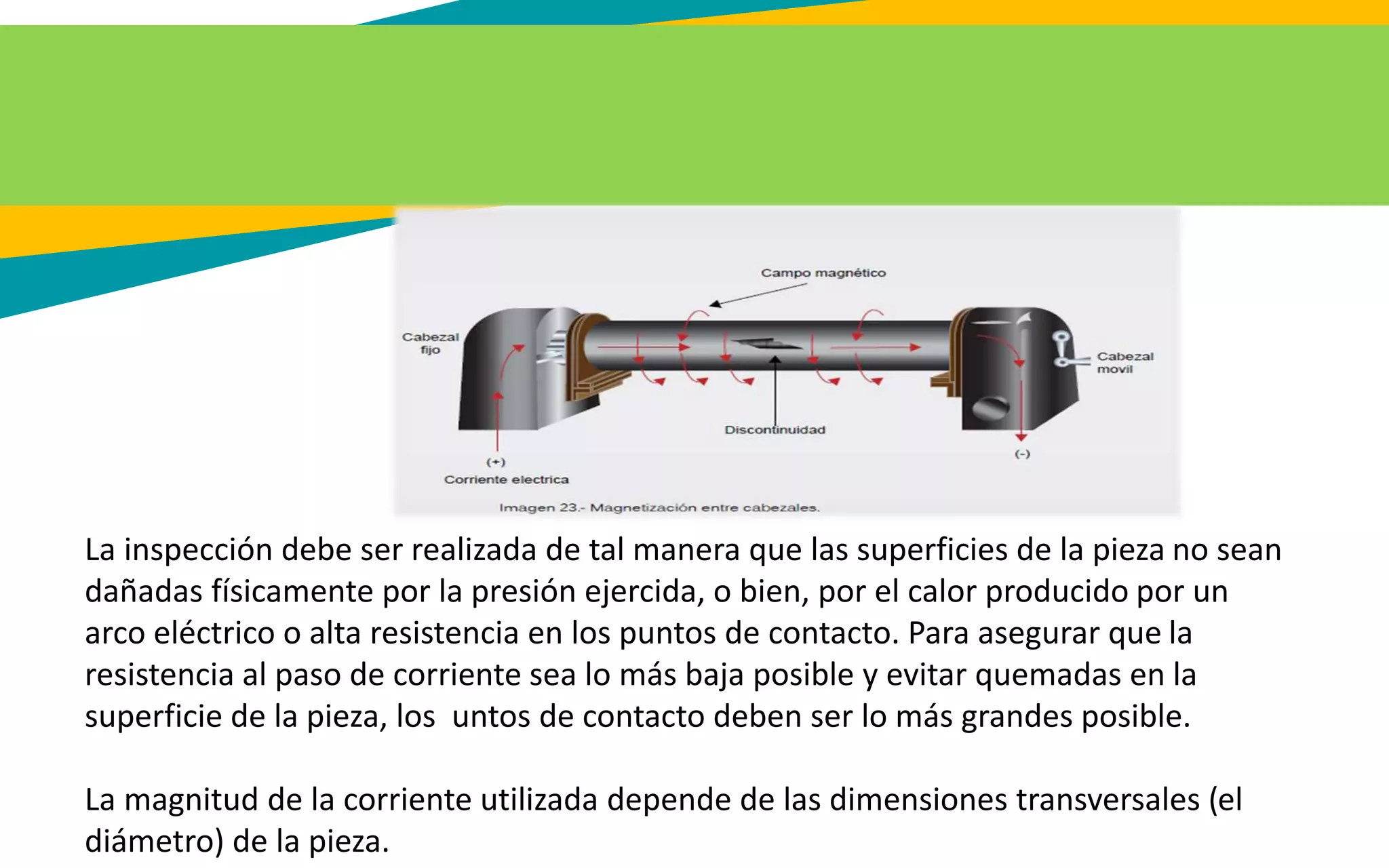 La inspección debe ser realizada de tal manera que las superficies de la pieza no sean
dañadas físicamente por la presión ejercida, o bien, por el calor producido por un
arco eléctrico o alta resistencia en los puntos de contacto. Para asegurar que la
resistencia al paso de corriente sea lo más baja posible y evitar quemadas en la
superficie de la pieza, los untos de contacto deben ser lo más grandes posible.
La magnitud de la corriente utilizada depende de las dimensiones transversales (el
diámetro) de la pieza.
 