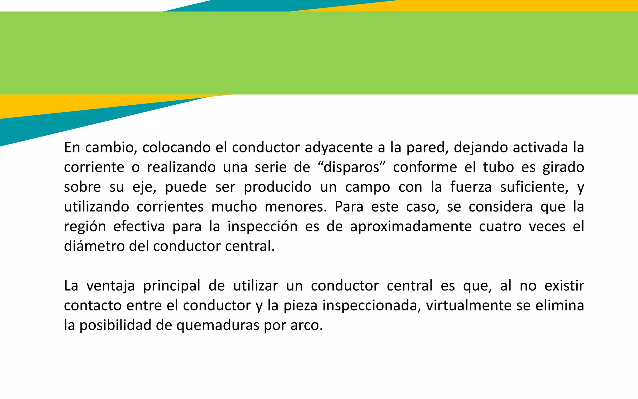En cambio, colocando el conductor adyacente a la pared, dejando activada la
corriente o realizando una serie de “disparos” conforme el tubo es girado
sobre su eje, puede ser producido un campo con la fuerza suficiente, y
utilizando corrientes mucho menores. Para este caso, se considera que la
región efectiva para la inspección es de aproximadamente cuatro veces el
diámetro del conductor central.
La ventaja principal de utilizar un conductor central es que, al no existir
contacto entre el conductor y la pieza inspeccionada, virtualmente se elimina
la posibilidad de quemaduras por arco.
 