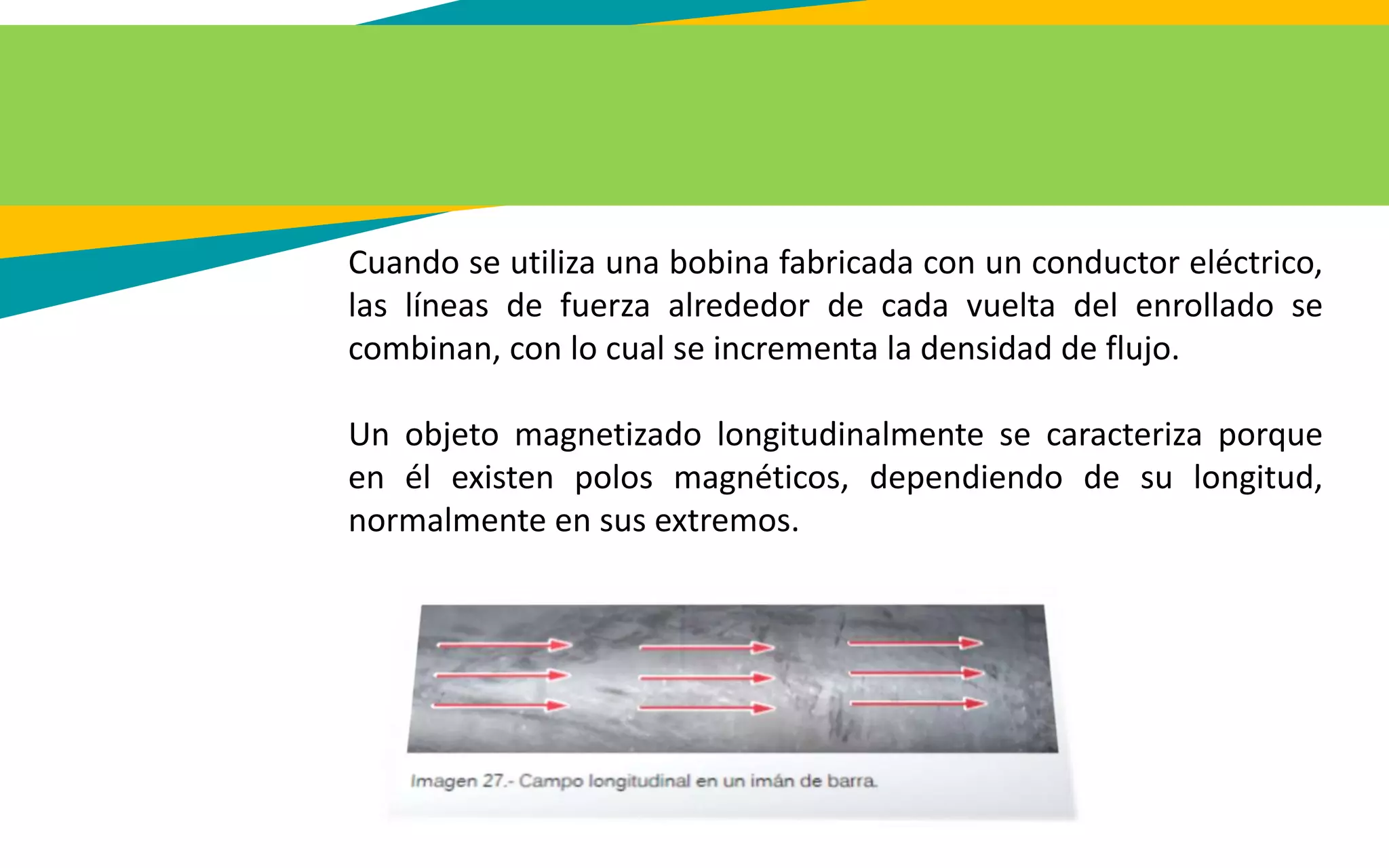 Cuando se utiliza una bobina fabricada con un conductor eléctrico,
las líneas de fuerza alrededor de cada vuelta del enrollado se
combinan, con lo cual se incrementa la densidad de flujo.
Un objeto magnetizado longitudinalmente se caracteriza porque
en él existen polos magnéticos, dependiendo de su longitud,
normalmente en sus extremos.
 