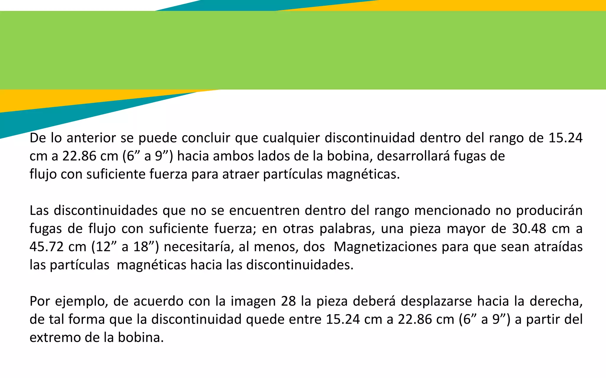 De lo anterior se puede concluir que cualquier discontinuidad dentro del rango de 15.24
cm a 22.86 cm (6” a 9”) hacia ambos lados de la bobina, desarrollará fugas de
flujo con suficiente fuerza para atraer partículas magnéticas.
Las discontinuidades que no se encuentren dentro del rango mencionado no producirán
fugas de flujo con suficiente fuerza; en otras palabras, una pieza mayor de 30.48 cm a
45.72 cm (12” a 18”) necesitaría, al menos, dos Magnetizaciones para que sean atraídas
las partículas magnéticas hacia las discontinuidades.
Por ejemplo, de acuerdo con la imagen 28 la pieza deberá desplazarse hacia la derecha,
de tal forma que la discontinuidad quede entre 15.24 cm a 22.86 cm (6” a 9”) a partir del
extremo de la bobina.
 