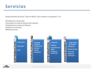 © 2013 Cap Masao. All rights reserved.
Proporcionamos Servicios “Llave en Mano” para sostener su proyecto IT en:
•Distribución y Desarrollo.
•Consultoría en toda la Gestión del Proyecto.
•Implantación y Puesta en Marcha.
•Soporte y Formación.
•Mantenimiento.
 