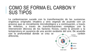 COMO SE FORMA EL CARBON Y
SUS TIPOS
La carbonizacion sucede con la transformación de las sustancias
orgánicas originales (...