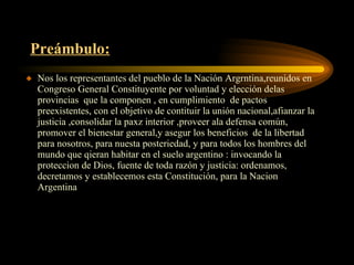 Preámbulo: Nos los representantes del pueblo de la Nación Argrntina,reunidos en Congreso General Constituyente por voluntad y elección delas provincias  que la componen , en cumplimiento  de pactos preexistentes, con el objetivo de contituir la unión nacional,afianzar la justicia ,consolidar la paxz interior ,proveer ala defensa común, promover el bienestar general,y asegur los beneficios  de la libertad para nosotros, para nuesta posteriedad, y para todos los hombres del mundo que qieran habitar en el suelo argentino : invocando la proteccion de Dios, fuente de toda razón y justicia: ordenamos, decretamos y establecemos esta Constitución, para la Nacion Argentina 
