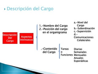 Descripción del Cargo 
Descripción 
Del 
Cargo 
Aspectos 
Intrínsecos 
1.-Nombre del Cargo 
2.-Posición del cargo 
en el organigrama 
3.-Contenido 
del Cargo 
Tareas 
o 
Funciones 
a.-Nivel del 
Cargo 
b.-Subordinación 
c.-Supervisión 
d.- Comunicaciones 
Colaterales 
Diarias 
Semanales 
Mensuales 
Anuales 
Esporádicas 
=  