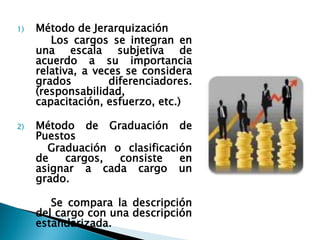 1)Método de Jerarquización 
Los cargos se integran en una escala subjetiva de acuerdo a su importancia relativa, a veces se considera grados diferenciadores. (responsabilidad, capacitación, esfuerzo, etc.) 
2)Método de Graduación de Puestos 
Graduación o clasificación de cargos, consiste en asignar a cada cargo un grado. 
Se compara la descripción del cargo con una descripción estandarizada. 
 
