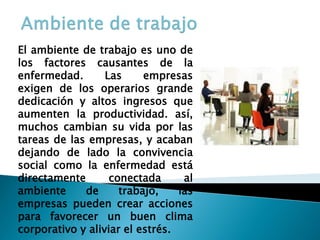 El ambiente de trabajo es uno de los factores causantes de la enfermedad. Las empresas exigen de los operarios grande dedicación y altos ingresos que aumenten la productividad. así, muchos cambian su vida por las tareas de las empresas, y acaban dejando de lado la convivencia social como la enfermedad está directamente conectada al ambiente de trabajo, las empresas pueden crear acciones para favorecer un buen clima corporativo y aliviar el estrés.  