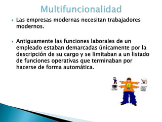 Las empresas modernas necesitan trabajadores modernos. 
Antiguamente las funciones laborales de un empleado estaban demarcadas únicamente por la descripción de su cargo y se limitaban a un listado de funciones operativas que terminaban por hacerse de forma automática.  