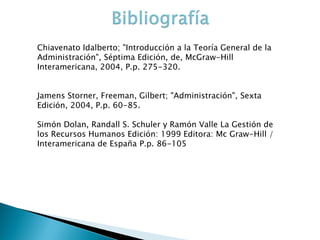 Chiavenato Idalberto; "Introducción a la Teoría General de la Administración", Séptima Edición, de, McGraw-Hill Interamericana, 2004, P.p. 275-320. Jamens Storner, Freeman, Gilbert; "Administración", Sexta Edición, 2004, P.p. 60-85. Simón Dolan, Randall S. Schuler y Ramón Valle La Gestión de los Recursos Humanos Edición: 1999 Editora: Mc Graw-Hill / Interamericana de España P.p. 86-105 