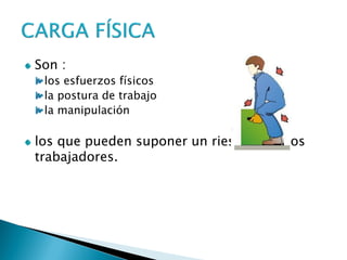 Son : los esfuerzos físicos la postura de trabajo la manipulación 
los que pueden suponer un riesgo para los trabajadores.  