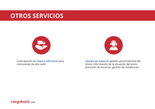 OTROS SERVICIOS
Contratación de seguro adicional para
mercancías de alto valor
Equipo de soporte: gestión personalizada del
envío, información de la situación del envío,
previsión de horarios, gestión de incidencias
.com
 