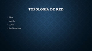 TOPOLOGÍA DE RED
• Bus
• Anillo
• Árbol
• Inalámbricas
 