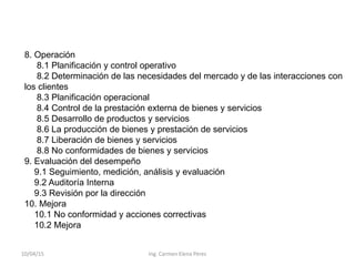 10/04/15 Ing. Carmen Elena Pérez
8. Operación
8.1 Planificación y control operativo
8.2 Determinación de las necesidades d...