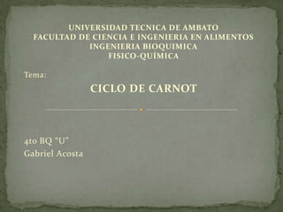 UNIVERSIDAD TECNICA DE AMBATO
  FACULTAD DE CIENCIA E INGENIERIA EN ALIMENTOS
             INGENIERIA BIOQUIMICA
                 FISICO-QUÍMICA

Tema:
                 CICLO DE CARNOT



4to BQ “U”
Gabriel Acosta
 