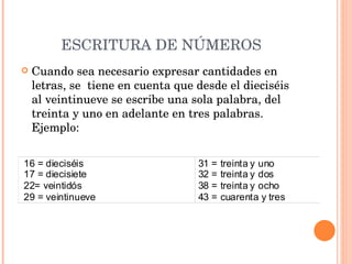ESCRITURA DE NÚMEROS Cuando sea necesario expresar cantidades en letras, se  tiene en cuenta que desde el dieciséis al veintinueve se escribe una sola palabra, del treinta y uno en adelante en tres palabras.  Ejemplo: 