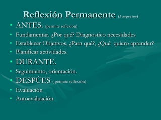 Reflexión Permanente  (3 aspectos) ANTES.  (permite reflexión) Fundamentar. ¿Por qué? Diagnostico necesidades Establecer Objetivos. ¿Para qué?, ¿Qué  quiero aprender? Planificar actividades. DURANTE. Seguimiento, orientación. DESPÚES  ( permite reflexión) Evaluación Autoevaluación 