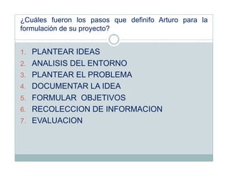 ¿Cuáles fueron los pasos que definifo Arturo para la
formulación de su proyecto?


1.  PLANTEAR IDEAS
2.  ANALISIS DEL ENTORNO
3.  PLANTEAR EL PROBLEMA
4.  DOCUMENTAR LA IDEA
5.  FORMULAR OBJETIVOS
6.  RECOLECCION DE INFORMACION
7.  EVALUACION
 