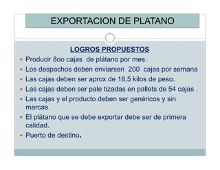 EXPORTACION DE PLATANO


                  LOGROS PROPUESTOS
  Producir 8oo cajas de plátano por mes.
  Los despachos deben enviarsen 200 cajas por semana
  Las cajas deben ser aprox de 18,5 kilos de peso.
  Las cajas deben ser pale tizadas en pallets de 54 cajas .
  Las cajas y el producto deben ser genéricos y sin
   marcas.
  El plátano que se debe exportar debe ser de primera
   calidad.
  Puerto de destino.
 