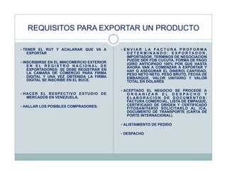 REQUISITOS PARA EXPORTAR UN PRODUCTO

 TENER EL RUT Y ACALARAR QUE VA A                         E N V I A RL A FA C T U R A P R O F O R M A
   EXPORTAR                                                  D E T E R M I N A N D O : E X P O R TA D O R ,
                                                             IMPORTADOR, TERMINOS DE NEGOCIACION
                                                             PUEDE SER FOB CUCUTA, FORMA DE PAGO
 INSCRIBIRSE EN EL MINCOMERCIO EXTERIOR
                                                             (GIRO ANTICIPADO 100% POR QUE HASTA
   EN EL REGISTRO NACIONAL DE                                AHORA VAN A COMENZAR A EXPORTAR Y
   EXPORTADORES: SE DEBE REGISTRAR EN                        HAY Q ASEGURAR EL DINERO) CANTIDAD,
   LA CAMARA DE COMERCIO PARA FIRMA                          PESO NETO NETO, PESO BRUTO, FECHA DE
   DIGITAL Y UNA VEZ OBTENIDA LA FIRMA                       EMBARQUE, VALOR UNITARIO Y VALOR
   DIGITAL SE INSCRIBE EN EL BUCE.                           TOTAL EN DOLARES

                                                          ACEPTADO EL NEGOCIO SE PROCEDE A
  H A C E R E L R E S P E C T I V O E S T U D I O D E       O R G A N I Z A R E L D E S PA C H O Y
   MERCADOS EN VENEZUELA.                                    ELABORACION DE DOCUMENTOS:
                                                             FACTURA COMERCIAL, LISTA DE EMPAQUE,
 HALLAR LOS POSIBLES COMPRADORES.                           CERTIFICADO DE ORIGEN Y CERTIFICADO
                                                             FITOSANITARIO SOLICITARLO AL ICA,
                                                             DOCUMENTO DE TRANSPORTE (CARTA DE
                                                             PORTE INTERNACIONAL)

                                                          ALISTAMIENTO DE PEDIDO

                                                          DESPACHO
 