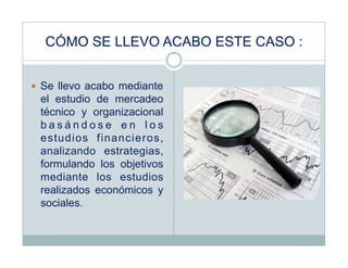 CÓMO SE LLEVO ACABO ESTE CASO :


  Se llevo acabo mediante
 el estudio de mercadeo
 técnico y organizacional
 basándose en los
 estudios financieros,
 analizando estrategias,
 formulando los objetivos
 mediante los estudios
 realizados económicos y
 sociales.
 