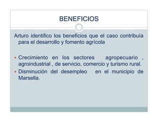BENEFICIOS

Arturo identifico los beneficios que el caso contribuía
 para el desarrollo y fomento agrícola

  Crecimiento en los sectores           agropecuario ,
   agroindustrial , de servicio, comercio y turismo rural.
  Disminución del desempleo         en el municipio de
   Marsella.
 