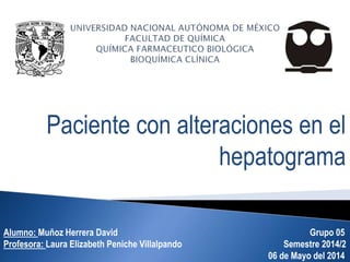 Paciente con alteraciones en el
hepatograma
Alumno: Muñoz Herrera David Grupo 05
Profesora: Laura Elizabeth Peniche Villalpando Semestre 2014/2
06 de Mayo del 2014
 