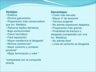 Ventajas: Estética Elimina galvanismo Preparación más conservadora que Inc. Metálica Refuerza tejidos dentarios Baja conductividad Cierre hermético Fácil reparación Mayor resistencia al desgaste* Mínima contracción* Mejor contorno y contacto proximal* Mejor terminación y color * *comparada con el composite directo. Desventajas: Costo más elevado Mayor nº de sesiones Técnica exigente No admite espesores delgados Preparación más grande Posibilidad de fractura o desgaste (comparado con una inc. Metálica) No admite bisel Línea de cemento se desgasta 