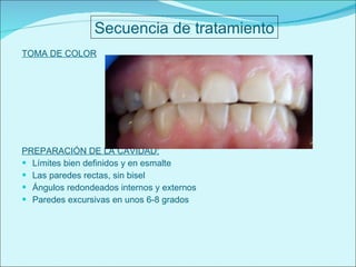 TOMA DE COLOR PREPARACIÓN DE LA CAVIDAD: Límites bien definidos y en esmalte  Las paredes rectas, sin bisel Ángulos redondeados internos y externos Paredes excursivas en unos 6-8 grados Secuencia de tratamiento 