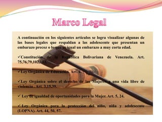 A continuación en los siguientes artículos se logra visualizar algunas de
las bases legales que respaldan a las adolescente que presentan un
embarazo precoz o lo que es igual un embarazo a muy corta edad.

Constitución de la República Bolivariana de Venezuela. Art.
75,76,79,102,103.

Ley Orgánica de Educación. Art. 6.

Ley Orgánica sobre el derecho de las Mujeres a una vida libre de
violencia . Art. 3,15,39.

 Ley de igualdad de oportunidades para la Mujer. Art. 5, 24.

 Ley Orgánica para la protección del niño, niña y adolescente
(LOPNA). Art. 44, 50, 57.
 