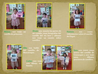 Melany nos trajo un
castillo de princesas.
Álvaro nos enseño las partes de
un castillo, unas fotografías del
castillo del rey loco y además
nos trajo un cuento sobre
castillos.
Patricia nos conto
información sobre el castillo
de Orgaz.
Elba nos habló
del castillo de
Mascaraque.
Sara nos contó cosas
acerca del castillo de
Consuegra y nos trajo
unos dibujos
preciosos de castillos.
Carlos nos trajo
este dibujo tan
bonito.
 
