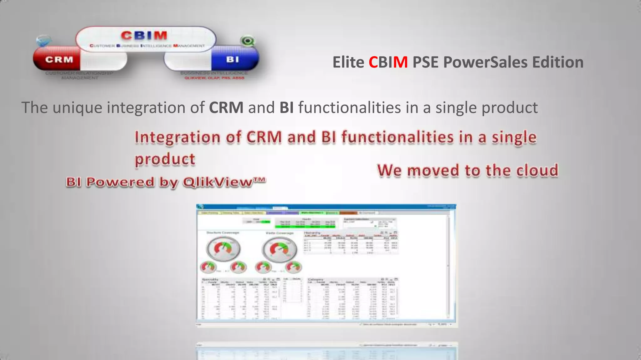 Elite CBIMPSE PowerSalesEditionThe unique integration of CRM and BI functionalities in a single productIntegration of CRM and BI functionalities in a single productWe moved to the cloud