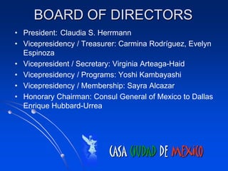 BOARD OF DIRECTORS
• President: Claudia S. Herrmann
• Vicepresidency / Treasurer: Carmina Rodríguez, Evelyn
  Espinoza
• Vicepresident / Secretary: Virginia Arteaga-Haid
• Vicepresidency / Programs: Yoshi Kambayashi
• Vicepresidency / Membership: Sayra Alcazar
• Honorary Chairman: Consul General of Mexico to Dallas
  Enrique Hubbard-Urrea




                          CASA CIUDAD DE MEXICO
 