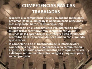 7. COMPETENCIAS BASICAS
TRABAJADAS
• respecto a la competencia social y ciudadana (relaciones
proximas (familia, amigos)y ...