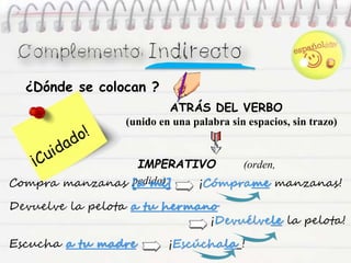 ATRÁS DEL VERBO
(unido en una palabra sin espacios, sin trazo)
IMPERATIVO (orden,
pedido)Compra manzanas [a mí] ¡Cómprame manzanas!
Devuelve la pelota a tu hermano
¡Devuélvele la pelota!
Escucha a tu madre ¡Escúchala !
¿Dónde se colocan ?
 