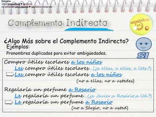 ¿Algo Más sobre el Complemento Indirecto?
Compro útiles escolares a los niños
Les compro útiles escolares…(¿a ellas, a ellos, a Uds.?)
Les compro útiles escolares a los niños
(no a ellas, no a ustedes)
Regalaría un perfume a Rosario
Le regalaría un perfume…(¿a Javier,a Rosário,a Ud.?)
Le regalaría un perfume a Rosario
(no a Sérgio, no a usted)
Ejemplos
Vimos una película  La vimos
He comprado unos zapatos  Los hemos comprado
Ejemplos
Vimos una película  La vimos
He comprado unos zapatos  Los hemos comprado
Ejemplos
Vimos una película  La vimos
He comprado unos zapatos  Los hemos comprado
Ejemplos
Vimos una película  La vimos
He comprado unos zapatos  Los hemos comprado
Ejemplos:
Pronombres duplicados para evitar ambigüedades.
 