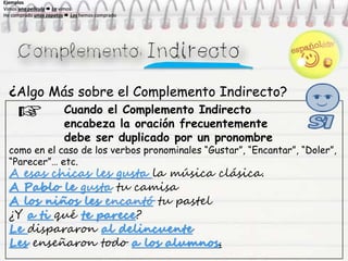¿Algo Más sobre el Complemento Indirecto?
Cuando el Complemento Indirecto
encabeza la oración frecuentemente
debe ser duplicado por un pronombre
como en el caso de los verbos pronominales “Gustar”, “Encantar”, “Doler”,
“Parecer”… etc.
A esas chicas les gusta la música clásica.
A Pablo le gusta tu camisa
A los niños les encantó tu pastel
¿Y a ti qué te parece?
Le dispararon al delincuente
Les enseñaron todo a los alumnos.
Ejemplos
Vimos una película  La vimos
He comprado unos zapatos  Los hemos comprado
Ejemplos
Vimos una película  La vimos
He comprado unos zapatos  Los hemos comprado
Ejemplos
Vimos una película  La vimos
He comprado unos zapatos  Los hemos comprado
Ejemplos
Vimos una película  La vimos
He comprado unos zapatos  Los hemos comprado
 