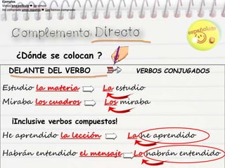 ¿Dónde se colocan ?
DELANTE DEL VERBO VERBOS CONJUGADOS
Estudio la materia La estudio
Miraba los cuadros Los miraba
¡Inclusive verbos compuestos!
He aprendido la lección La he aprendido
Habrán entendido el mensaje Lo habrán entendido
Ejemplos
Vimos una película  La vimos
He comprado unos zapatos  Los hemos comprado
Ejemplos
Vimos una película  La vimos
He comprado unos zapatos  Los hemos comprado
Ejemplos
Vimos una película  La vimos
He comprado unos zapatos  Los hemos comprado
Ejemplos
Vimos una película  La vimos
He comprado unos zapatos  Los hemos comprado
 
