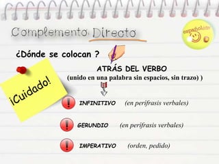 ATRÁS DEL VERBO
(unido en una palabra sin espacios, sin trazo) )
INFINITIVO (en perífrasis verbales)
GERUNDIO (en perífrasis verbales)
IMPERATIVO (orden, pedido)
¿Dónde se colocan ?
 