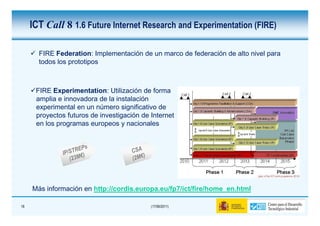 ICT Call 8 1.6 Future Internet Research and Experimentation (FIRE)

       FIRE Federation: Implementación de un marco de federación de alto nivel para
       todos los prototipos



      FIRE Experimentation: Utilización de forma
      amplia e innovadora de la instalación
      experimental en un número significativo de
      proyectos futuros de investigación de Internet
      en los programas europeos y nacionales




     Más información en http://cordis.europa.eu/fp7/ict/fire/home_en.html

18                                          (17/06/2011)
 