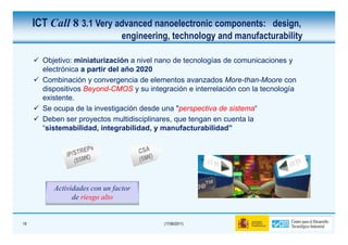ICT Call 8 3.1 Very advanced nanoelectronic components: design,
                                engineering, technology and manufacturability

       Objetivo: miniaturización a nivel nano de tecnologías de comunicaciones y
       electrónica a partir del año 2020
       Combinación y convergencia de elementos avanzados More-than-Moore con
       dispositivos Beyond-CMOS y su integración e interrelación con la tecnología
       existente.
       Se ocupa de la investigación desde una "perspectiva de sistema“
       Deben ser proyectos multidisciplinares, que tengan en cuenta la
       “sistemabilidad, integrabilidad, y manufacturabilidad”




          Actividades con un factor
                de riesgo alto


19                                        (17/06/2011)
 