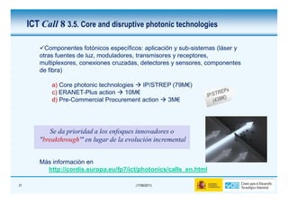 ICT Call 8 3.5. Core and disruptive photonic technologies

          Componentes fotónicos específicos: aplicación y sub-sistemas (láser y
        otras fuentes de luz, moduladores, transmisores y receptores,
        multiplexores, conexiones cruzadas, detectores y sensores, componentes
        de fibra)

            a) Core photonic technologies  IP/STREP (79M€)
            c) ERANET-Plus action     10M€
            d) Pre-Commercial Procurement action  3M€




           Se da prioridad a los enfoques innovadores o
        "breakthrough'" en lugar de la evolución incremental


        Más información en
          http://cordis.europa.eu/fp7/ict/photonics/calls_en.html

21                                        (17/06/2011)
 