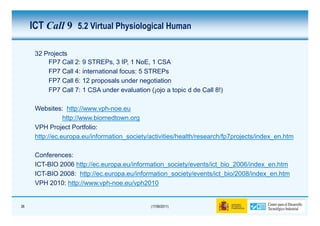 ICT Call 9 5.2 Virtual Physiological Human

      32 Projects
          FP7 Call 2: 9 STREPs, 3 IP, 1 NoE, 1 CSA
          FP7 Call 4: international focus: 5 STREPs
          FP7 Call 6: 12 proposals under negotiation
          FP7 Call 7: 1 CSA under evaluation (¡ojo a topic d de Call 8!)

      Websites: http://www.vph-noe.eu
                 http://www.biomedtown.org
      VPH Project Portfolio:
      http://ec.europa.eu/information_society/activities/health/research/fp7projects/index_en.htm

      Conferences:
      ICT-BIO 2006 http://ec.europa.eu/information_society/events/ict_bio_2006/index_en.htm
      ICT-BIO 2008: http://ec.europa.eu/information_society/events/ict_bio/2008/index_en.htm
      VPH 2010: http://www.vph-noe.eu/vph2010


38                                            (17/06/2011)
 