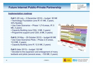 Future Internet Public-Private Partnership

     Implementation roadmap

       Call 1 (20 July – 2 December 2010) – budget 90 M€
       • Technology Foundation (one IP, 41 M€, 3 years,
       30% flexible)
       • Use Case Scenarios – Phase 1 (7-8 areas, IP, 5
       M€, 2 years)
       • Capacity Building (one CSA, 3 M€, 3 years)
       • Programme support (one CSA, 6 M€, 5 years)

       Call 2 (18 May – 29 October 2012) – budget 80 M€
       • Use Case Scenarios Pilots – Phase 2 (5 areas,
       13.5 M€, 2 years)
       • Capacity Building (one IP, 12.5 M€, 2 years)

       Call 3 (later 2013) – budget 130 M€
       • Devoted to the expansion and enlargement of many
       testbeds and pilots (several areas, ~100 M€, 2 years)

45                                          (17/06/2011)
 