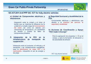 Green Car Public-Private Partnership
                                                                                    FP7-2011-ICT-GC

     GC.ICT.2011.6-8 PPP GC: ICT for fully electric vehicles
      e) Unidad de Componentes eléctricos y                            g) Seguridad funcional y durabilidad de la
      electrónicos                                                     FEV
                                                                          Componentes eléctricos y electrónicos que
            Integración entre la unidad y el motor al                     afecten a la dinámica del vehículo, la
            tiempo que se maximiza la eficiencia de la                    seguridad y durabilidad
            unidad en un amplio rango de funcionamiento
            del motor, así como en relación con
            variaciones de temperatura y la variabilidad               h) Acciones de Coordinación y Apoyo
            de tensión y prueba de fallos de                           “FEV made in Europe”
            componentes probados
                                                                           Para la agrupación de proyectos I + D en el
      f)    Integración de la FEV en                    la                 campo, y para la formación, la educación y
           infraestructura de transporte               de                  las actividades de difusión
           cooperación

           Interacción entre el conductor, el vehículo y el
           transporte y las infraestructuras energéticas,
           para la planificación de viajes FEV y la
           optimización, incluyendo el uso de energía y
           de carga
                                                                          FEV: Fully Electric Vehicles


50                                                      (17/06/2011)
 