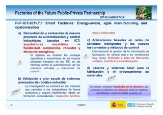 Factories of the Future Public-Private Partnership
                                                                             FP7-2011-NMP-ICT-FoF

     FoF-ICT-2011.7.1 Smart Factories: Energy-aware, agile manufacturing and
     customisation
      a) Demostración y evaluación de nuevos                          robot y robot-robot.
         procesos de automatización y control
         industriales    basados     en   ICT:                    c) Aplicaciones basadas en redes de
         arquitecturas       escalables     ->                    sensores inteligentes y los nuevos
         flexibilidad, autonomína, robustez y                     instrumentos y métodos de control
         eficiencia energética.                                       Demostrando la gestión de la información de
              El objetivo es mostrar las ventajas                     fabricación en tiempo real y en condiciones
              operativas y económicas de los nuevos                   muy duras. Enfocado a lotes de fabricación
              enfoques basados ​en las TIC en las                     unitarios. Contribuir a estandarización.
              fábricas contra la automatización de los
              procesos actuales y soluciones de                   d) Láseres y sistemas láser para la
              control                                             fabricación y el procesamiento de
                                                                  materiales
      b) Validación a gran escala de sistemas
      avanzados de robótica industrial
           La investigación se centrará en los métodos              Se esperan proyectos impulsados por la industria y que
           que permiten a los trabajadores de forma                 contengan un elemento de validación fuerte con objetivos
           productiva y segura implementar robots sin                    cuantificables: control de calidad, pruebas, etc.
         formación especializada. Interacción hombre-


52                                                 (17/06/2011)
 