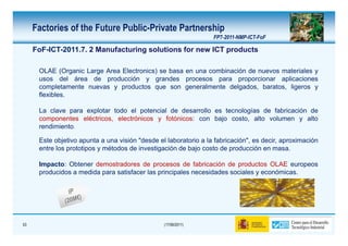 Factories of the Future Public-Private Partnership
                                                                  FP7-2011-NMP-ICT-FoF

     FoF-ICT-2011.7. 2 Manufacturing solutions for new ICT products

      OLAE (Organic Large Area Electronics) se basa en una combinación de nuevos materiales y
      usos del área de producción y grandes procesos para proporcionar aplicaciones
      completamente nuevas y productos que son generalmente delgados, baratos, ligeros y
      flexibles.

      La clave para explotar todo el potencial de desarrollo es tecnologías de fabricación de
      componentes eléctricos, electrónicos y fotónicos: con bajo costo, alto volumen y alto
      rendimiento.

      Este objetivo apunta a una visión "desde el laboratorio a la fabricación", es decir, aproximación
      entre los prototipos y métodos de investigación de bajo costo de producción en masa.

      Impacto: Obtener demostradores de procesos de fabricación de productos OLAE europeos
      producidos a medida para satisfacer las principales necesidades sociales y económicas.




53                                               (17/06/2011)
 