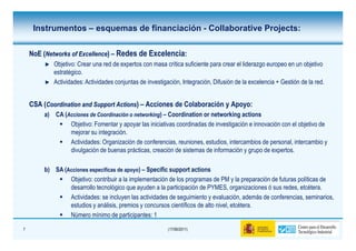 Instrumentos – esquemas de financiación - Collaborative Projects:

    NoE (Networks of Excellence) – Redes de Excelencia:
            Objetivo: Crear una red de expertos con masa crítica suficiente para crear el liderazgo europeo en un objetivo
            estratégico.
            Actividades: Actividades conjuntas de investigación, Integración, Difusión de la excelencia + Gestión de la red.


    CSA (Coordination and Support Actions) – Acciones de Colaboración y Apoyo:
         a) CA (Acciones de Coordinación o networking) – Coordination or networking actions
                 Objetivo: Fomentar y apoyar las iniciativas coordinadas de investigación e innovación con el objetivo de
                 mejorar su integración.
                 Actividades: Organización de conferencias, reuniones, estudios, intercambios de personal, intercambio y
                 divulgación de buenas prácticas, creación de sistemas de información y grupo de expertos.

         b) SA (Acciones específicas de apoyo) – Specific support actions
                 Objetivo: contribuir a la implementación de los programas de PM y la preparación de futuras políticas de
                 desarrollo tecnológico que ayuden a la participación de PYMES, organizaciones ó sus redes, etcétera.
                 Actividades: se incluyen las actividades de seguimiento y evaluación, además de conferencias, seminarios,
                 estudios y análisis, premios y concursos científicos de alto nivel, etcétera.
                 Número mínimo de participantes: 1

7                                                          (17/06/2011)
 
