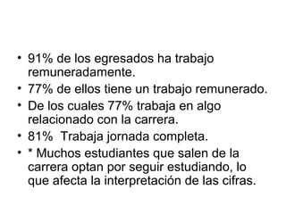 • 91% de los egresados ha trabajo
remuneradamente.
• 77% de ellos tiene un trabajo remunerado.
• De los cuales 77% trabaja en algo
relacionado con la carrera.
• 81% Trabaja jornada completa.
• * Muchos estudiantes que salen de la
carrera optan por seguir estudiando, lo
que afecta la interpretación de las cifras.
 