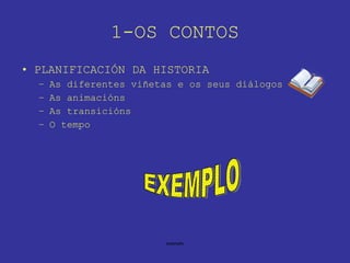 1-OS CONTOS PLANIFICACIÓN DA HISTORIA As diferentes viñetas e os seus diálogos As animacións As transicións O tempo EXEMPLO 