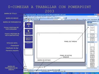 0-COMEZAR A TRABALLAR CON POWERPOINT 2003 BARRA DE TÍTULO BARRA DE MENÚS BARRA DE FERRAMENTAS FICHA O PESTANA DE VISTA ESQUEMA  FICHA O PESTANA DE VISTA DIAPOSITIVAS  TIPOS DE VISTA: - Presentación. Clasificador de diap. - Normal ou esquema. BARRA DE FERRAMENTAS DE DEBUXO BARRA DE ESTADO PANEL DE NOTAS ORADOR PANEL DE TAREAS 